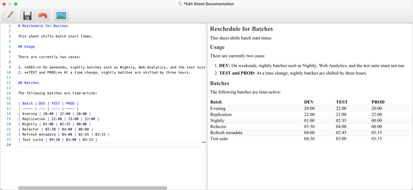 Split editor: Markdown source on the left, live preview on the right