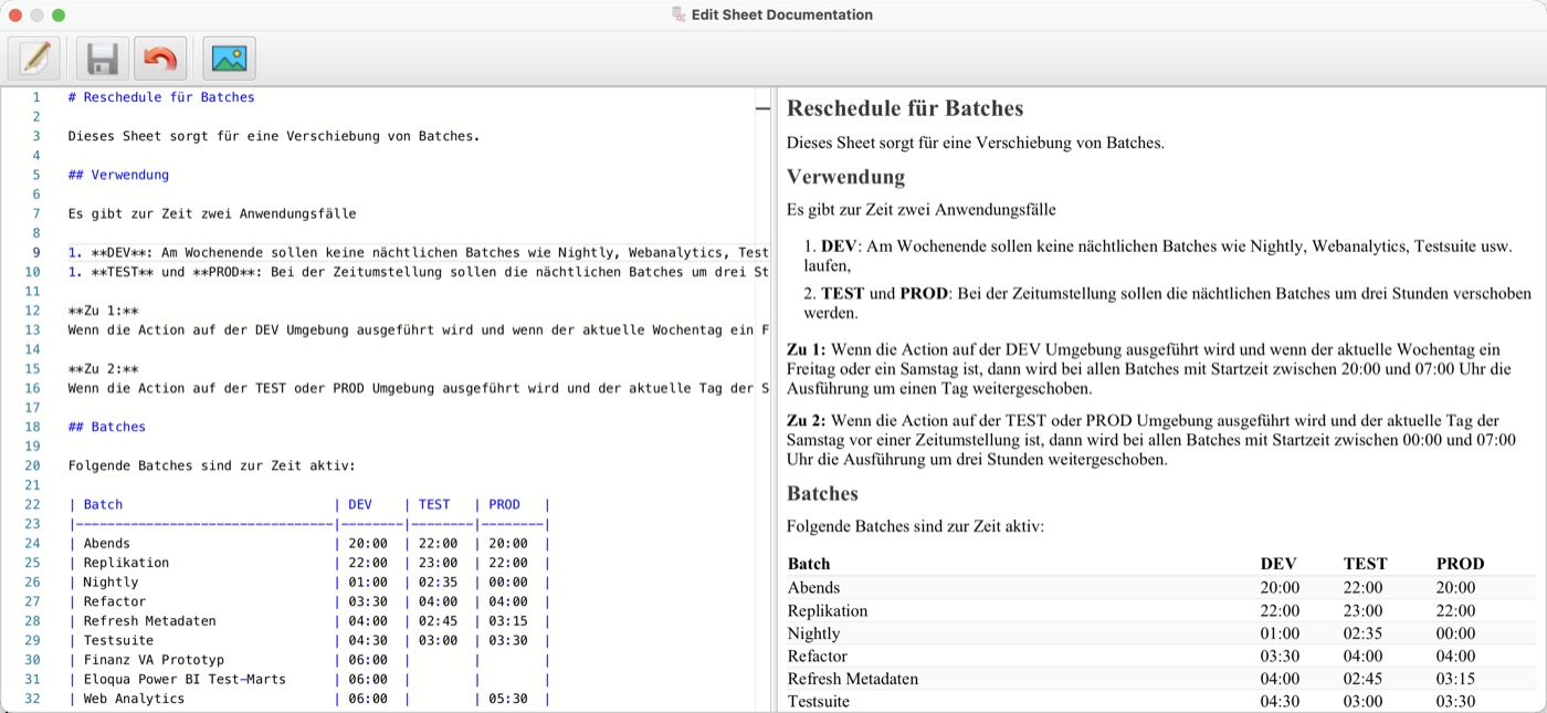 Geteilter Editor: Markdown-Quelle links, Live-Vorschau rechts