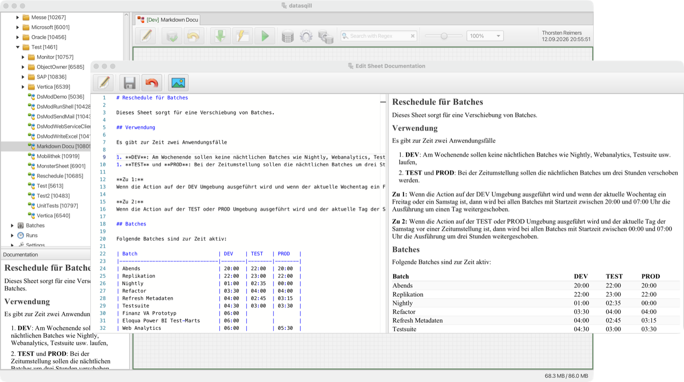Arbeitsblatt mit Dokumentationsbereich und Dialog Edit Sheet Documentation